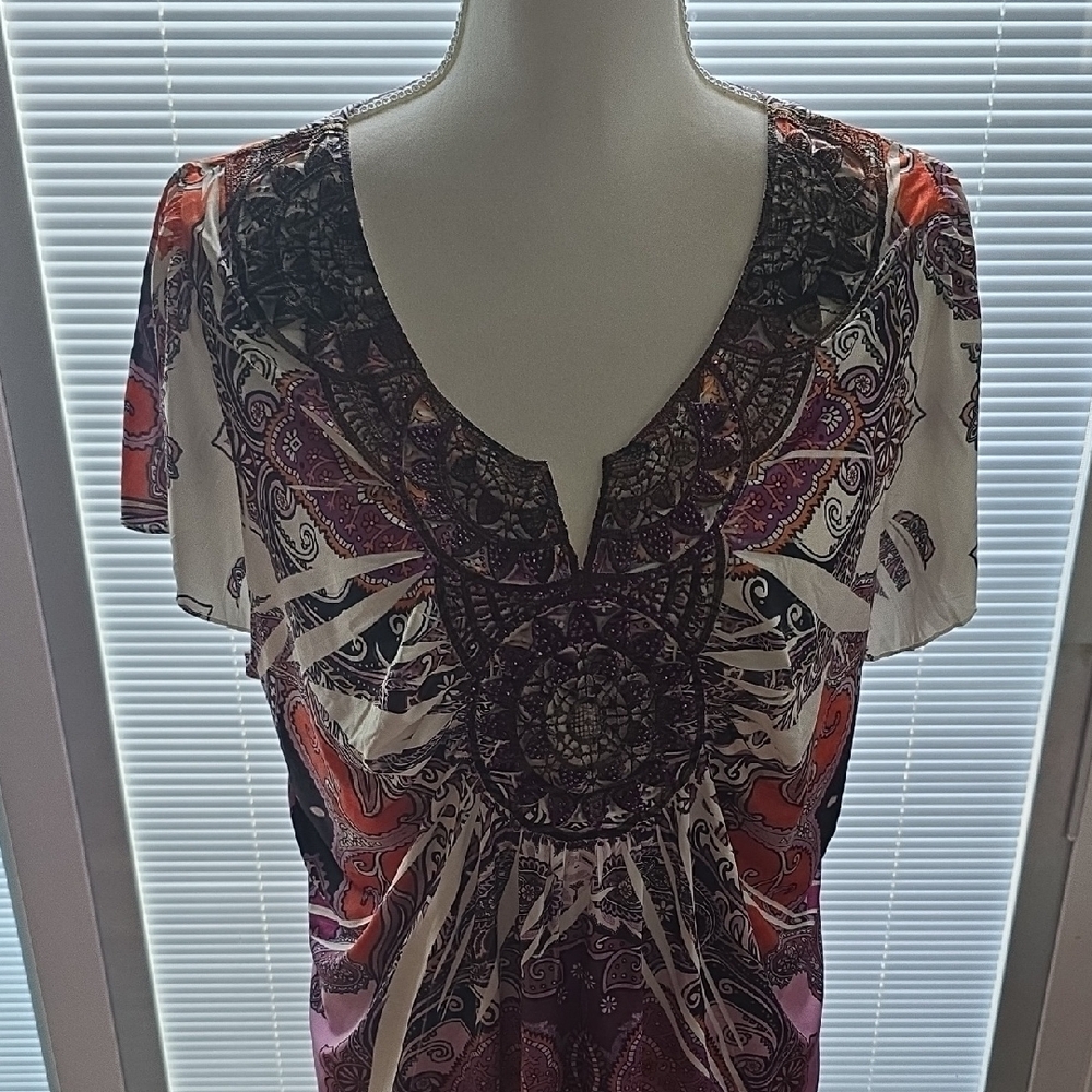 ONE WORLD Black and Pink Graphic Short Sleeve Blouse